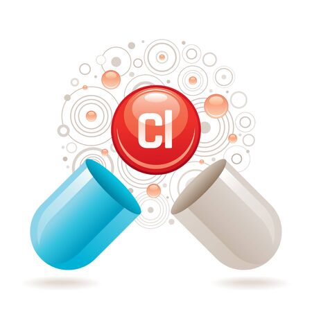 Mineral vitamin hlorine supplement for health. Capsule with Cl element icon, healthy diet symbol. 3d color ball isolated on white background. Trendy vector illustration, medical minerals supplyのイラスト素材