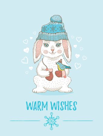 Merry Christmas card. Cute animal poster for Xmas New Year. Cartoon bunny pet. Hand drawn vector illustration isolated on blue background. Retro sketch for girl, baby t-shirt print design or cardのイラスト素材