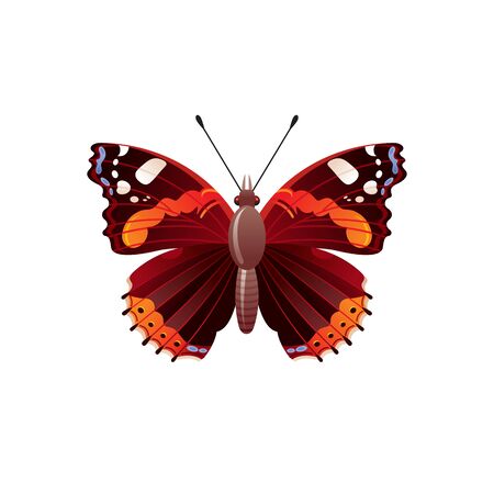 Butterfly icon. 3d realistic admiral butterfly insect with beautiful red color wings. Animal sign for logo design, poster, t-shirt print, banner. Vector illustration isolated on white backgroundのイラスト素材