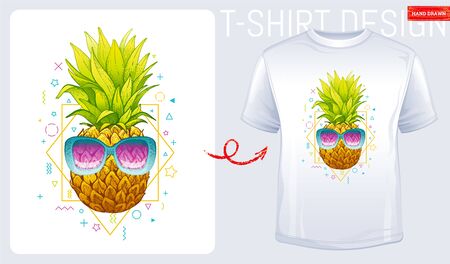 Pineapple t-shirt print. Trendy fashion design with sketch doodle pineapple in sunglasses and geometric memphis shapes. Summer woman t-shirt design. Cool vector illustration isolated white backgroundのイラスト素材