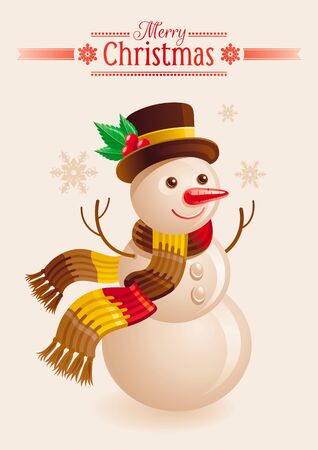 Snowman Christmas card. Cartoon snow man in hat and scarf. Xmas greeting card with snow man. Vector illustration.のイラスト素材