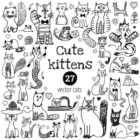 Cat doodle set. Cute sketch animal . Cartoon funny cats collection. Doodle outline kittens with cute faces. Art pattern for kids print, fabric, card. Vector illustration isolated on white background.のイラスト素材