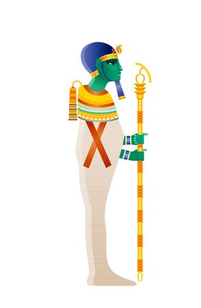 Ptah Egyptian god, demiurge of Memphis, creator deity. Ancient Egyptian god of craftsmen, architects. God with green skin in muumy shroud with Djed pillar. 3d realistic vector illustration isolatedのイラスト素材