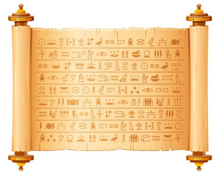 Ancient egyptian papyrus with hieroglyphs. Historical vector pattern from Ancient Egypt. 3d old scroll with script, pharaohs and gods symbols. Ornamen art design, text letter papyrus illustrationのイラスト素材