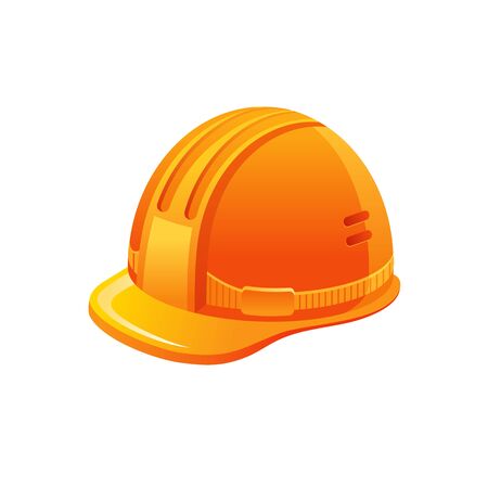 Cartoon orange hemlet. Protection uniform hat, safety equipment for builder, miner, archaeologist. 3d realistic hemlet, vector illustration isolated on white background.のイラスト素材