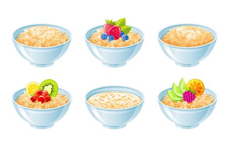 Oat bowl. Oatmeal breakfast cup, oat grain porridge with fruit, berry, milk. 3d realistic icon. Cartoon style muesli, flake. Healthy sweet food design. Vector illustration isolated on white backgroundのイラスト素材