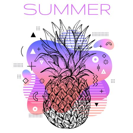 Hello summer poster with hand drawn pineapple, trendy line art concept in spectrum rainbow color for music party cover, fashion event flyer, t-shirt print. Futuristic vector illustration backgroundのイラスト素材