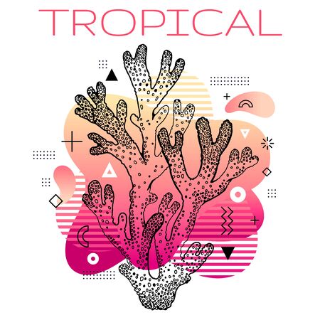 Sea coral reef summer poster. Ocean hand drawn sketch geometric shape, trendy line art concept in spectrum rainbow color for music party, fashion event flyer, t-shirt print. Coral living backgroundのイラスト素材