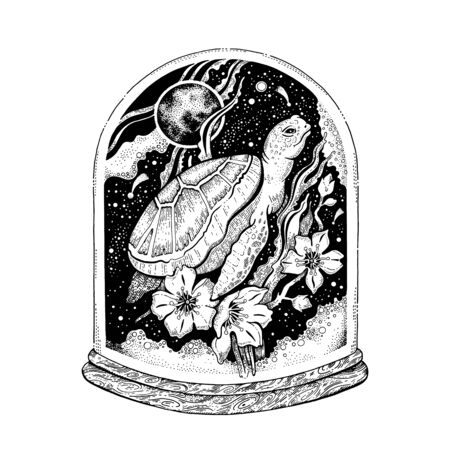 Surreal tattoo sea turtle animal design concept. Black line turtle art, hipster boho style. For temporary tattoo, coloring book, poster, t-shirt print. Tribal engraved vector isolated white backgroundのイラスト素材