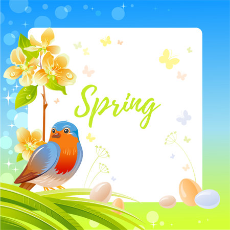 Spring frame with cherry blossom flower, robin redbreast bird, egg, garden element. Cute catroon banner with blue sky, green grass background, vintage watercolor colors. Text spring, white backgroundのイラスト素材