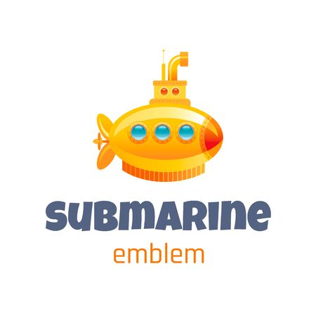 Vector illustration of cute baby toy  isolated on white background. 3d yellow submarine. Template for kindergarten, swimming pool. Realistic preschool symbol for childhood concept. Cartoon signのイラスト素材
