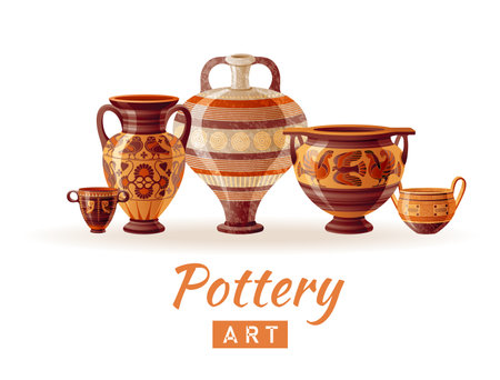 Pottery logo. Vase vector. Greek pot, jug, amphora, urn, vase set. Clay ancient ceramic icons. Old greek art. Handmade pottery studio design. Antique grecian art vector illustrationのイラスト素材