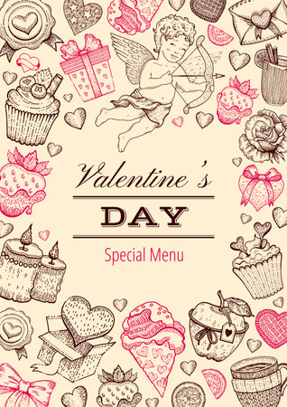 Valentine day menu. Dinner background. Love restaurant food menu. Sketch Vector lunch breakfast card design. Template vintage poster with heart rose. Romantic pink frame invitation flyerのイラスト素材