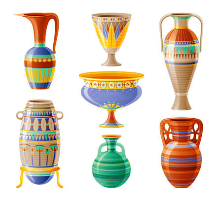 Egyptian crockery icon set. Vase, pot, amphora, jug. Old geometric floral ornament decoration from ancient Egypt clay art craft. Cartoon 3d realistic, vector illustration isolated on white backgroundのイラスト素材