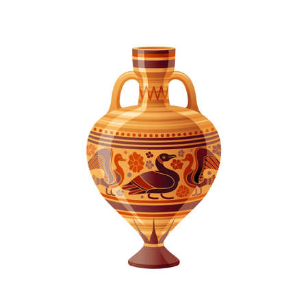 Ancient Greek vase. Pottery vector. Antique jug from Greece. Old clay amphora, pot, urn or jar for wine and olive oil. vintage ceramic icon isolated. Flat cartoon art with ornament decor, duck birdのイラスト素材