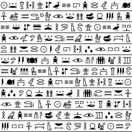 Ancient egyptian hieroglyph seamless pattern. Pharaoh papyrus. Old Egypt culture. Black line design set with historical script icons, text symbols. Ornamental letter art. Vector illustration isolatedのイラスト素材