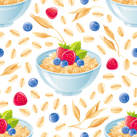 Oatmeal pattern. Bowl with granola, muesli, oat flakes, porridge. Blueberry strawberry yogurt oatmeal breakfast. Vector cereal background. Cute illustration of oatmeal bowl. cartoon wallpaperのイラスト素材