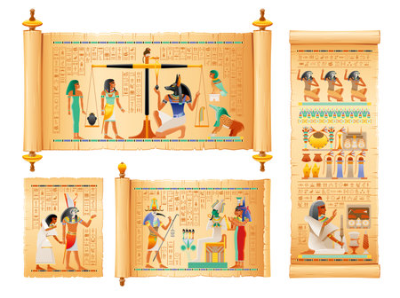 Egyptian papyrus from Book of Dead with afterlife ritual in Duat. Osiris judgment illustration. God Horus, Isis, Osiris human soul with food, drink. Vector ancient Egypt papyrus with hieroglyph textのイラスト素材