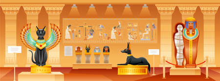 ancient Egyptian museum. Egypt pharaoh vector illustration with historical pyramid interior. Mummy, old tomb with cat, dog statue, artwork gallery hall with cairo civilization objects. cartoon museumのイラスト素材