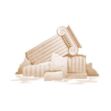 Greek column. Broken pillar vector. Ruined column illustration. Roman or Greek ancient architecture marble stones. Building ruins from Rome, Greece. antique icon background. old doric elementのイラスト素材