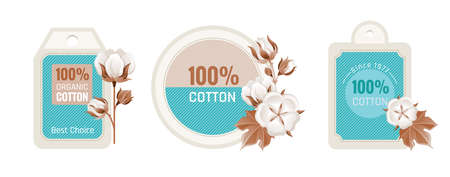 Eco Cotton label design flower set. 100 bio organic cotton tag icon. Bud, leaf element. 3d realistic sticker. Textile production fashion logo. Cartoon vector illustration isolated white backgroundのイラスト素材