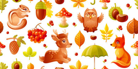 autumn pattern. forest vector animals. Cute fall woodland. Seamless background with fox squirrel owl deer. cartoon illustration. Autumn tree leaf acorn mushroom. forest animal set. wallpaper patternのイラスト素材