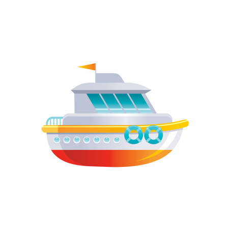 Cartoon modern yacht ship icon. Boat for logo, sea travel, cruise and water transport design. Flat vector illustration isolated on white background.のイラスト素材