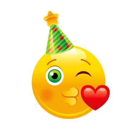 Emoticon party vector. Christmas or Birthday celebrate happy face in hat with kiss and heart. Congratulations emoticon icon. fun sticker design. Isolated smile, celebration cool festive party faceのイラスト素材