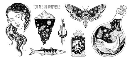 tattoo art. Vector surreal astrology. universe space tattoo print. Magic astronomy graphic with moon, star, moth, girl, whale, jellyfish. Sketch boho mystic illustration. Vintage esoteric surreal artのイラスト素材