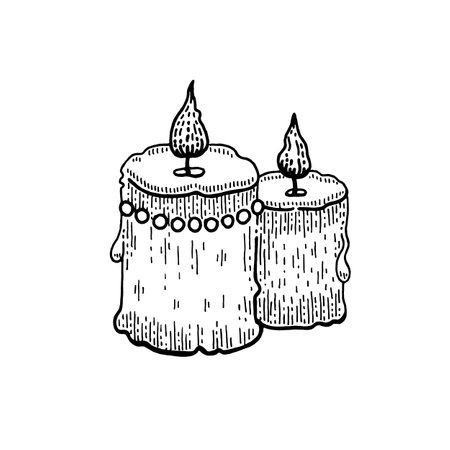 Candles fire doodle sketch icon. Valentine's day engraved symbol. Happy Valentine vintage line vector illustration isolated on white background, love drawing for greeting card design, retro stickerのイラスト素材