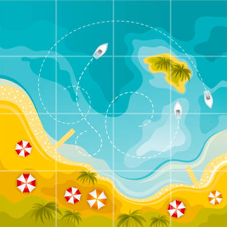 top view beach. Vector summer sea background with sand coast, water, island, boats, palms. flat landscape design.のイラスト素材
