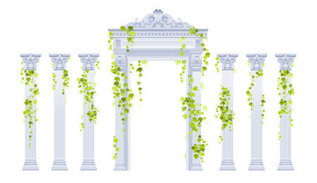 Greek arch pillar vector set with ivy plant. Roman antique architecture frame with stone column, vine. White marble door portal and green ivy plant. Classic arch pillar palace building illustrationのイラスト素材