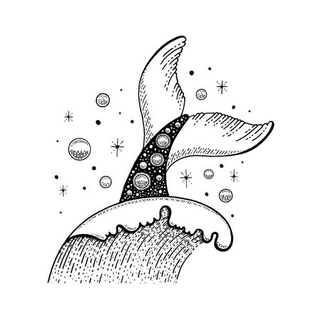 Whale tail vector. sea wave tattoo. Mermaid, fish, dolphin tail in ocean wave illustration. marine sketch graphic. Black outline boho design. vintage art drawing. Magic sea water, space galaxy tattooのイラスト素材