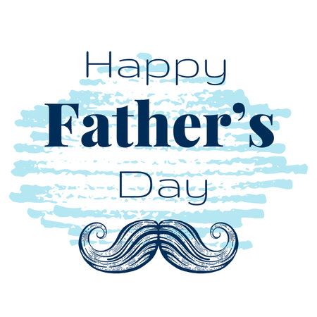 Happy Fathers day greeting card with sketch mustache and bow tie. Vector poster for daddies holiday with hand drawn illustration of gentleman mustache and bowtie on blue backgroundのイラスト素材