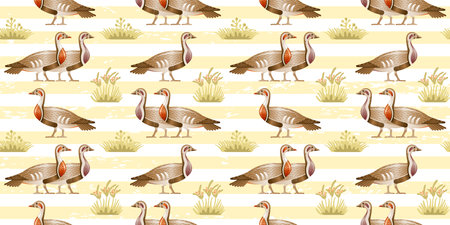 Goose duck pattern. Vector seamless geese illustration. Egyptian flying bird background. Wild animal hunting drawing. Floral vintage print. Adorable silhouette wallpaper with goose, green plant patternのイラスト素材