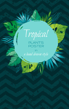 Tropical plants poster with green palm tree leaves pattern and hand drawn paint circle. Vector banner template with background with exotic tropical plants in sketch styleのイラスト素材