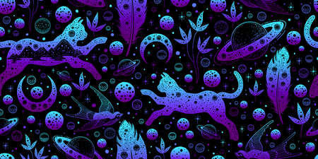 space pattern. Seamless boho background with cat, moon. Cute magic print. Vintage black white pattern. Witch cat bird galaxy doodle vector illustration. Celestial gothic seamless. Esoteric wallpaperのイラスト素材