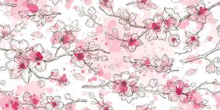 flower blossom pattern. Sakura cherry, almond vector seamless background. Japanese tree spring watercolor illustration. Floral pink branch wallpaper. Abstract flowerblossom. Sakura cherry sketch artのイラスト素材