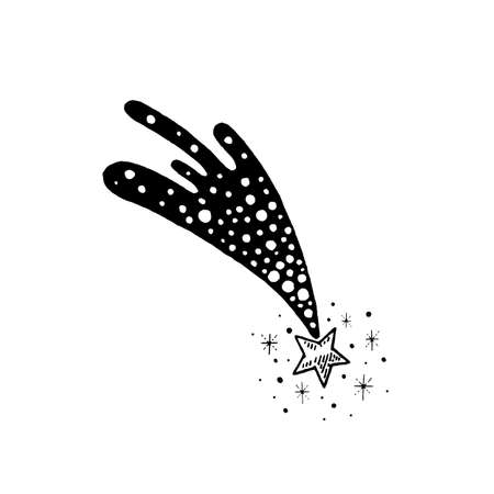 star comet vector. Star tail abstract icon. Vector illustration of shooting falling meteor. black silhouette design. Comet flying shape on white. Galaxy sky symbol. Meteorite sketch line logoのイラスト素材