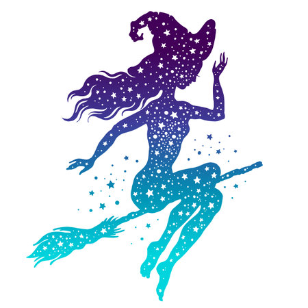Witch on broom silhouette. Vector halloween flying witch girl. Magic illustration of sexy beautiful girl on broomstick. Cute woman in hat with blue star background. Night fairy art. Magician fantasyのイラスト素材