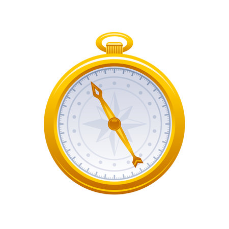 cartoon compass. vector illustration. Vintage isolated old golden compass. Nautical antique icon on white. North south east west map direction. Wind rose with magnet arrow. 3d orientation navigationのイラスト素材