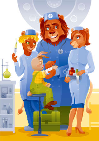 doctor vector. cartoon animal illustration. Kids doctor lion with stethoscope character. child hospital vector. Medical boy girl illustration. medicine nurse and little rabbit patient. Kid jobのイラスト素材
