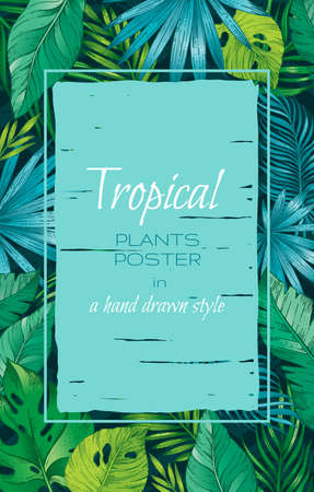 Tropical plants poster with green palm tree leaves pattern and hand drawn paint swuare. Vector banner template with background with exotic tropical plants in sketch style. Seasonal tropical sale bannerのイラスト素材