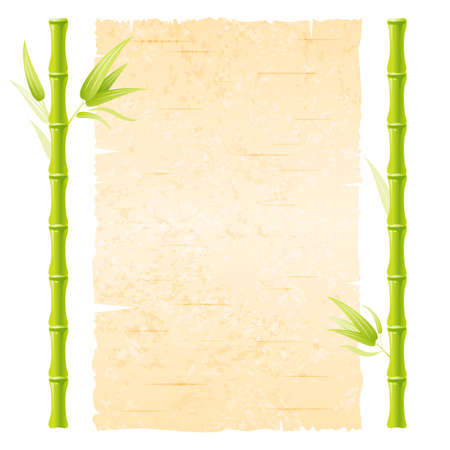 Bamboo vector frame. Wood jungle background. Forest border with bamboo stick and paper canvas banner. Green hawaiian, chinese or japanese board. Tree signboard with wooden frame. Garden leaf isolatedのイラスト素材