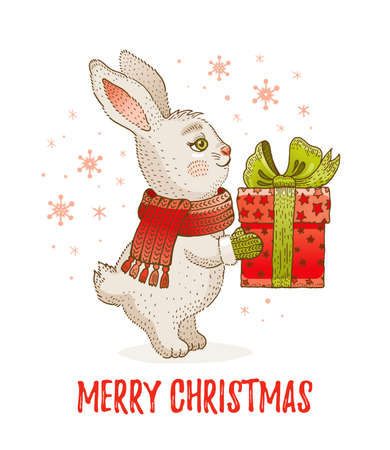 Rabbit Christmas. Bunny New Year. Chinese 2023 happy year vector. Cute christmas winter animal background. Adorable snow hare banner card. Cartoon sketch xmas holiday rabbit with gift box. white bunnyのイラスト素材