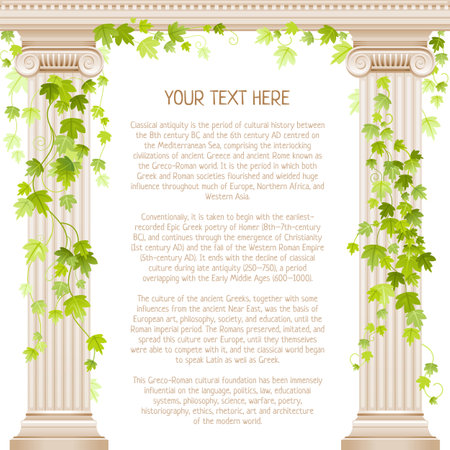 Greek ?olumn vector frame. Marble temple antique greece border design. Architecture ancient ionic ivy pillar. Greek or roman banner with vine. Column illustration for wedding invitation, museum flyerのイラスト素材