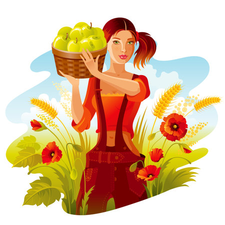 Farmer girl with apple basket. Orchard fruit farm vector. Apple picking in fall garden vector. Cartoon farming landscape. Autumn or fall landscape with farmer womanのイラスト素材