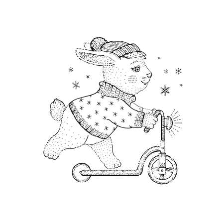 Winter christmas bunny coloring book. Rabbit scooter vector. Cute cartoon illustration, snow animal for kid. girl hare print. Winter baby fashion graphic design. Line Christmas bunny drawingのイラスト素材