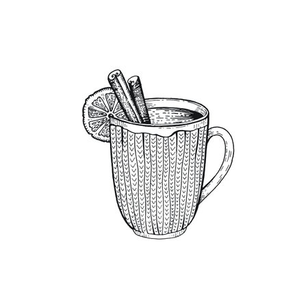 Christmas coffee and chocolate hand drawn sketch. Hot cup drink. Irish doodle bar drawing. Latte illustration vector. Coffee chocolate, tea, cocoa, cappuccino milk holiday mug. Handdrawn Christmas cupのイラスト素材