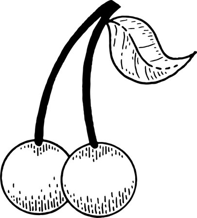 cherry sticker. Retro hand drawn sketch. Disco 70s style illustration. Doodle vector cartoon. Etch groovy tattoo. Black line berry fruit. Summer vintage cherry icon. retro design art. hippy vintageのイラスト素材